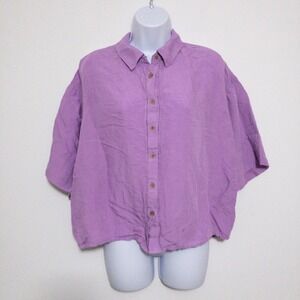 Anthropologie Oversized Linen Blend Top Womens S Purple Cropped Button Up‎